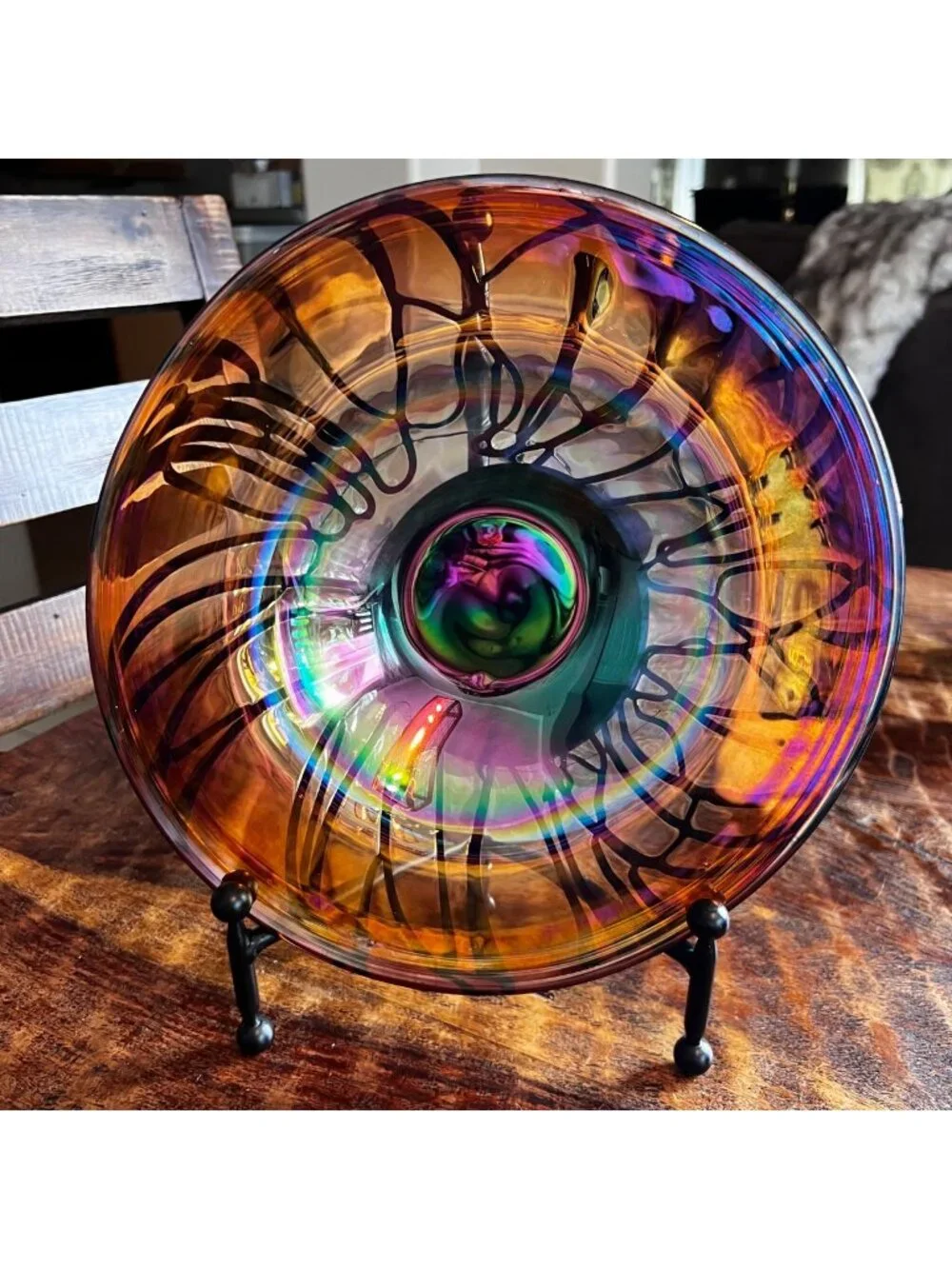 Handblown Iridescent Art Glass Bowl With Abstract Design 10 inch Decorative & Fu